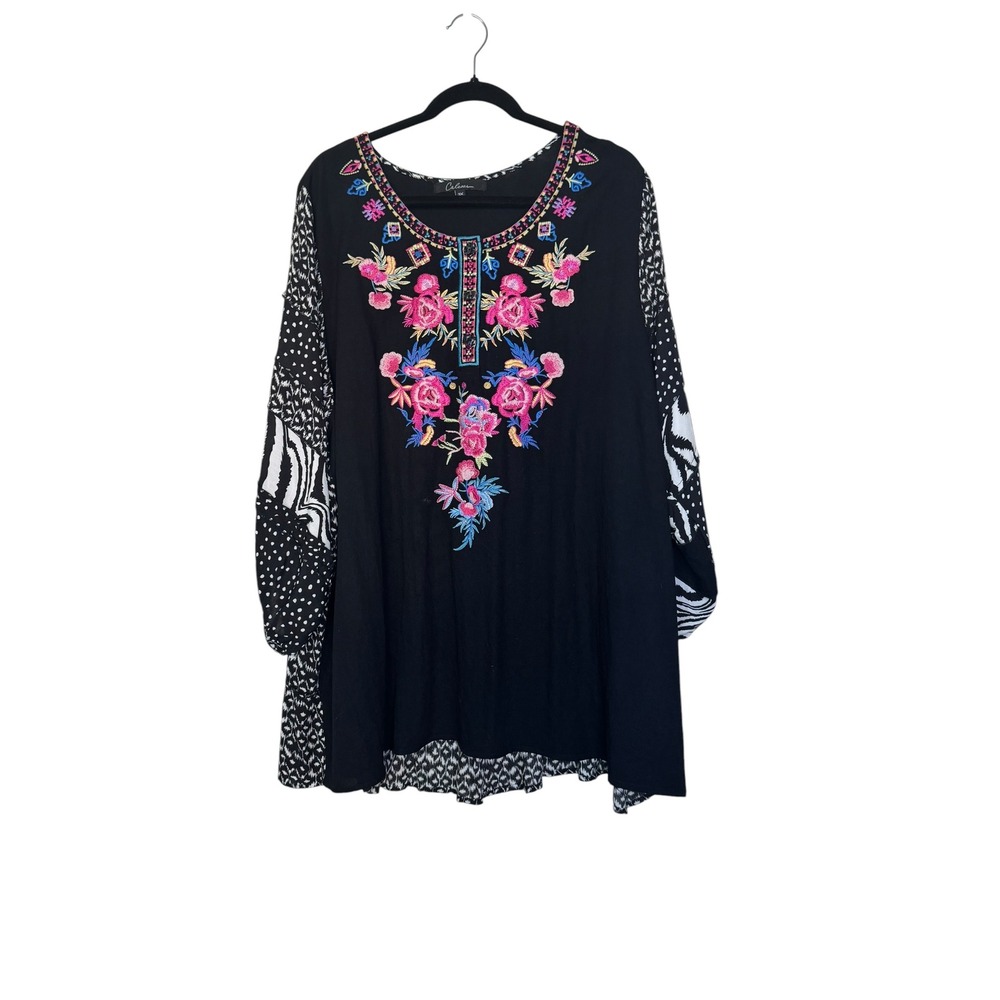 Caleaaa Black Floral Embroidered Mixed Print Tunic Blouse 3X Boho Bubble Sleeve